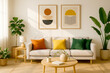 © DailyStock - Stylish living room with a beige sofa, colorful cushions, plants, and two framed abstract artworks