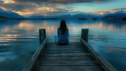 Wall Mural - A woman sits on a dock, gazing out at the vibrant colors of the sunset