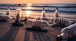 © Vissa - Miniature Ships in Glass Bottles on Beach at Sunset.