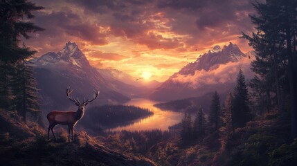 Wall Mural - Sunset on a Mountain. Deers standing on mountain. Lake between mountains. Many trees
