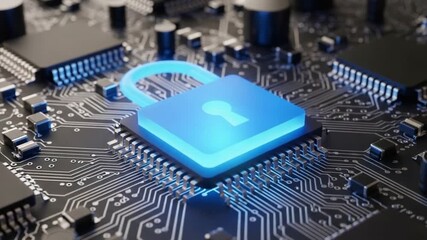 Glowing Padlock Securing Computer Chip on Circuit Board