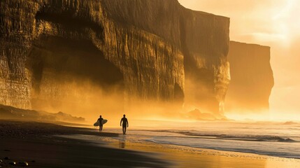 Wall Mural - surfers walking along beach front cliff moody iceland calm deep lost lucid dream amber glow silence stunningly
