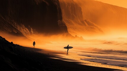 Wall Mural - surfers walking along beach front cliff moody iceland calm deep lost lucid dream amber glow silence stunningly
