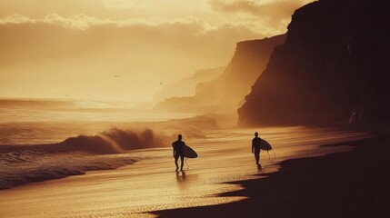 Wall Mural - surfers walking along beach front cliff moody iceland calm deep lost lucid dream amber glow silence stunningly
