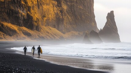 Wall Mural - surfers walking along beach front cliff moody iceland calm deep lost lucid dream amber glow silence stunningly
