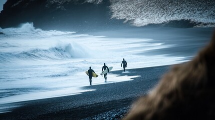 Wall Mural - surfers walking along beach front cliff moody iceland calm deep lost lucid dream amber glow silence stunningly
