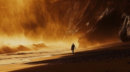 Wall Mural - surfers walking along beach front cliff moody iceland calm deep lost lucid dream amber glow silence stunningly
