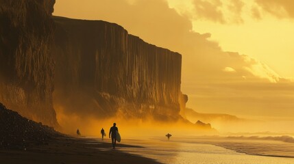Wall Mural - surfers walking along beach front cliff moody iceland calm deep lost lucid dream amber glow silence stunningly
