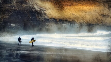 Wall Mural - surfers walking along beach front cliff moody iceland calm deep lost lucid dream amber glow silence stunningly
