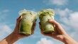 © RaptorWoman - Two hands holding iced matcha green tea drinks against a clear blue sky, celebrating a refreshing summer moment.