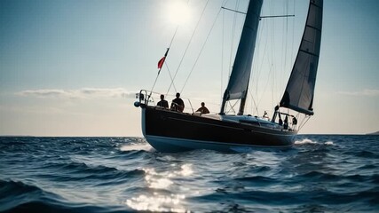 Wall Mural - A sailboat sailing on calm waters of the open ocean, with sea and sky visible