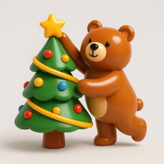 Wall Mural - cute festive bear decorates tree.