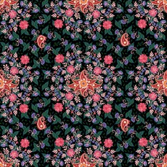 Wall Mural - Delightful seamless pattern with flowers, leaves, berries and paisley on a dark plant background. Ethnic motifs. Beautiful illustration.