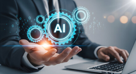 Businessman presenting AI technology with gears and binary code, modern concept