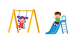 © Hridoy - Joyful kids playing on playground swing set and blue slide outdoor fun
