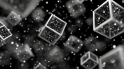 Wall Mural - transparent cubes filled with glowing particles float in a dark, abstract space.