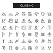 © Tanjimul Haque Rafi - Set of climbing vector icons in clean line art style featuring ropes, carabiners, harnesses, mountains, climbers, and more. Editable stroke.