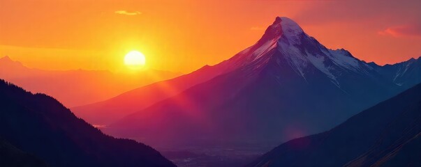 Wall Mural - Vibrant orange sunset illuminating a majestic mountain peak, casting long shadows across the valley below  A stunning display of natural beauty at golden hour ,  mountain,  beautiful,  sky