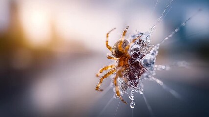 Spider on Web: A macro photograph captures a detailed view of a small spider on its delicate web, glistening with morning dew, set against a soft background.