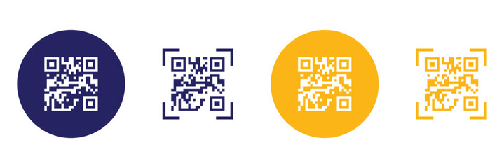 QR code icon vector illustration. Fake template of quick response matrix barcode in square grid. Mobile phone camera readable digital label. Modern white and blue QR code on white background.