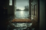 Flooded house interior with doormat submerged in water at open doors