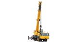 A powerful yellow mobile crane with an extended boom, isolated on a white background, ready for heavy lifting and construction work.