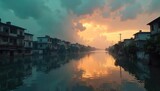 Submerged cityscape, buildings half-hidden beneath murky floodwaters, reflecting a somber sky The scene evokes devastation and the power of nature , clouds, catastrophe, rescue