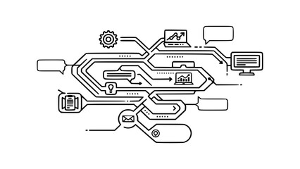 Abstract diagram illustrating a complex network of interconnected processes and data flow