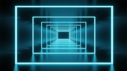 Neon blue rectangular tunnel creating a futuristic corridor effect with glowing lines and depth perspective