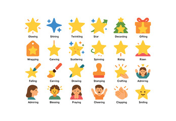  colorful flat vector icons Stars (Scenes) star glowing star shining star twinkling star guiding star decorating star gifting star wrapping star hanging star scattering star spinning star.