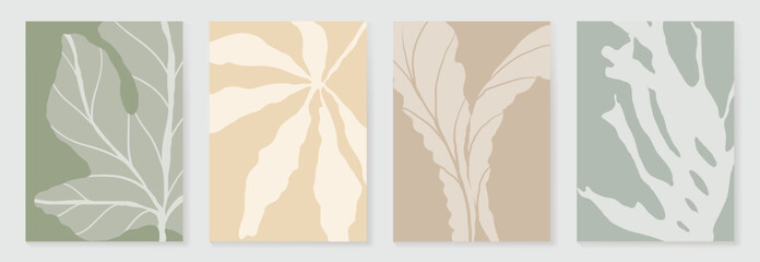 Wall Mural - Abstract botanical poster vector set. Leaves, flower in earth tone colors. Illustration design for Eco packaging, interior, cover, wall art, wallpaper.
