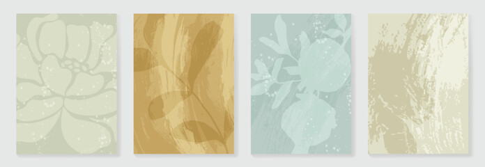 Wall Mural - Abstract botanical poster vector set. Leaves, flower in earth tone colors. Illustration design for Eco packaging, interior, cover, wall art, wallpaper.