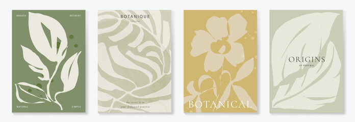Wall Mural - Abstract botanical poster vector set. Leaves, flower in earth tone colors. Illustration design for Eco packaging, interior, cover, wall art, wallpaper.