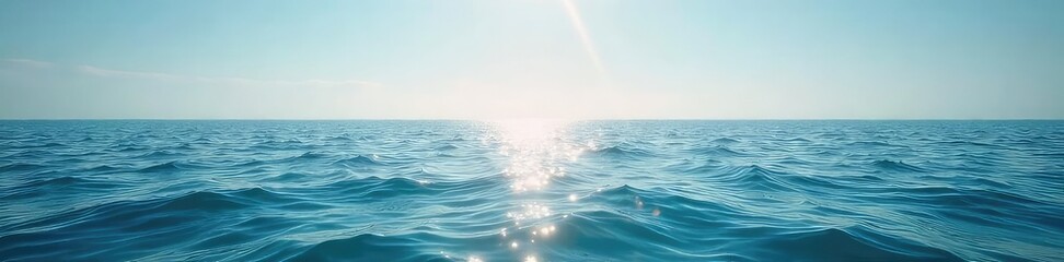 Wall Mural - Vast, tranquil ocean stretching to the hazy horizon Sunlight glints on the calm water, a peaceful seascape perfect for relaxation and travel imagery , serene, endless, infinite