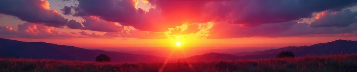 Wall Mural - Vibrant hues paint the sky as the sun dips below the horizon, casting a warm golden glow over the landscape A breathtaking display of color marking the end of day , sky, clouds, atmosphere