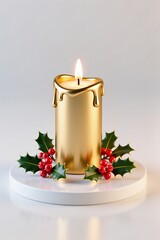 Wall Mural - A 3D rendered Christmas gold candle with holly berry branches with soft glow, modern glossy design, white base