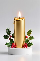 Wall Mural - A 3D rendered Christmas gold candle with holly berry branches with soft glow, modern glossy design, white base