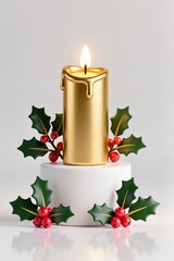 Wall Mural - A 3D rendered Christmas gold candle with holly berry branches with soft glow, modern glossy design, white base