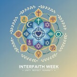 Unity in diversity represented through symbols of faith during Interfaith Week promoting respect and humanity among different religions