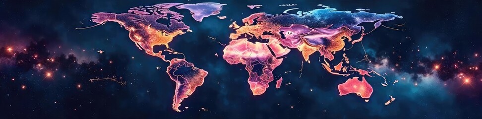 Wall Mural - A stylized world map projected onto a vast, star-filled cosmic backdrop, representing the universe as a global entity Perfect for science fiction, fantasy, or global themes , adventure, deep space