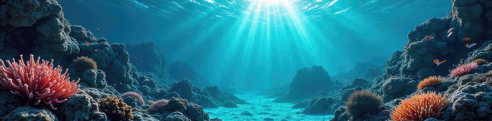 Wall Mural - Vast, underwater soundscape; a mesmerizing panorama of swirling currents and vibrant marine life, echoing with the symphony of the deep ocean , reef, blue