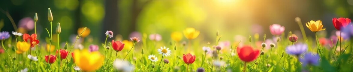 Wall Mural - Vibrant wildflowers bloom in a lush meadow under the bright spring sunshine  Perfect for springtime, Easter, and nature themes  Enjoy the beauty of new life and renewal , yellow, plant