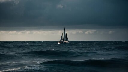 Wall Mural - A sailboat gliding through calm waters under a cloudy sky