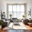 © EkaDewi - Bright and airy living room with three gray sofas, a coffee table, plants, and natural light streaming through sheer curtains.
