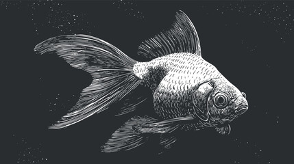 Wall Mural - An intricate black and white illustration of a goldfish swimming gracefully in water.