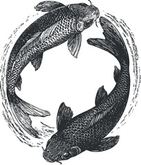 Wall Mural - Illustration of two koi fish in a circular design symbolizing harmony and balance.