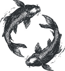 Wall Mural - Illustration of two koi fish swimming in a circular pattern symbolizing harmony and balance.