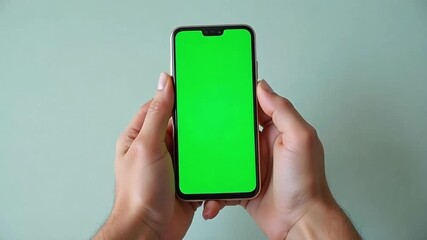 Hands holding a smartphone with a vibrant green screen, ready for digital content creation.