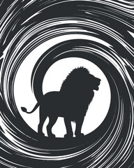 Wall Mural - A striking silhouette of a lion against a swirling abstract background in black and white.