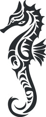 Wall Mural - Stylized black tribal seahorse tattoo design featuring intricate curves and patterns.
